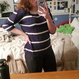 Navy blue, white stripped shirt